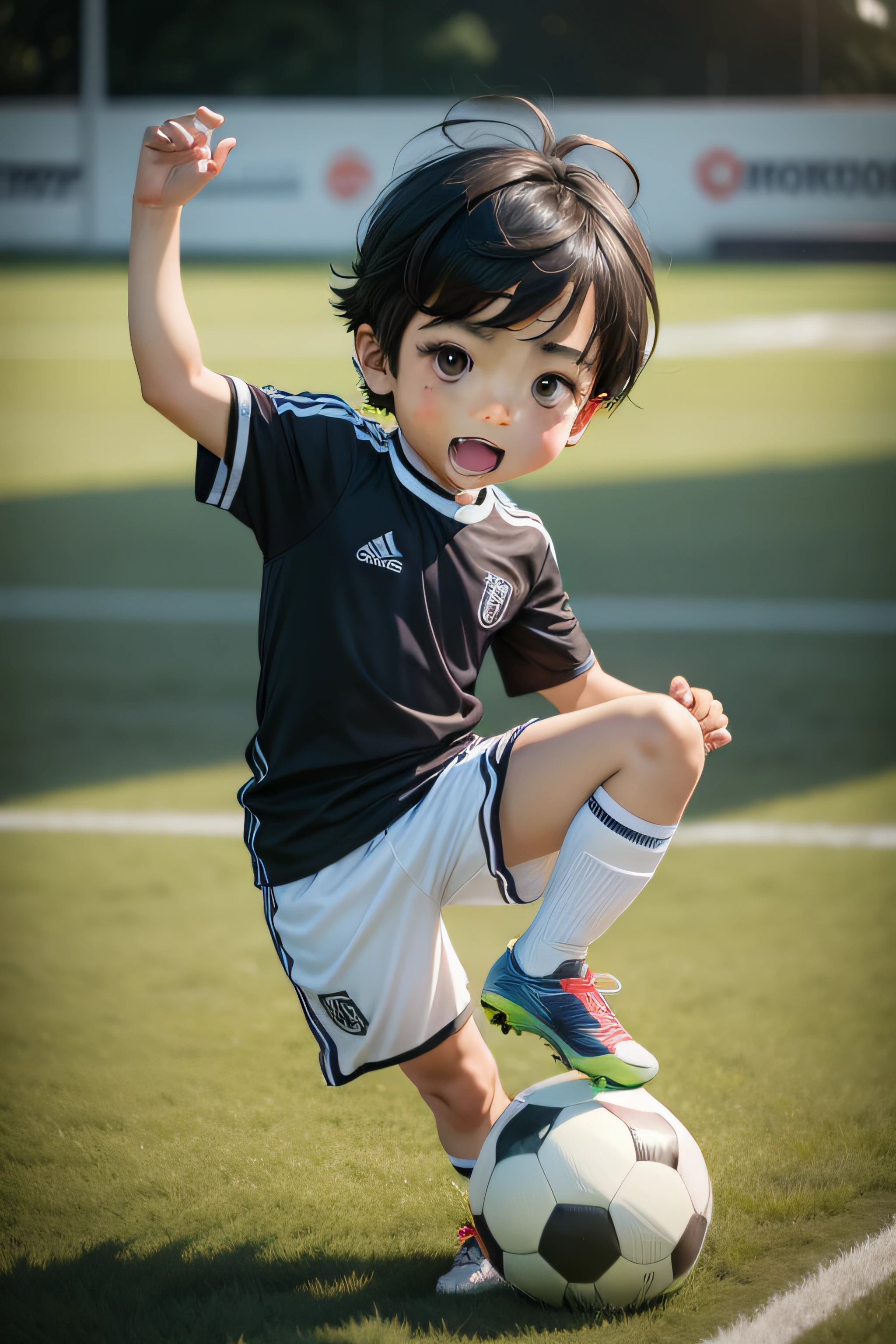 Arafed child in black and white soccer uniform kicking a soccer ball
