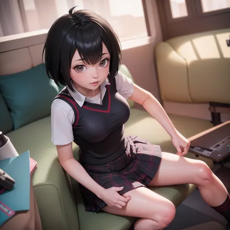 (masterpiece), best quality, expressive eyes, perfect face,skirt, peniparker, w sitting, arms between legs, both arms between le...