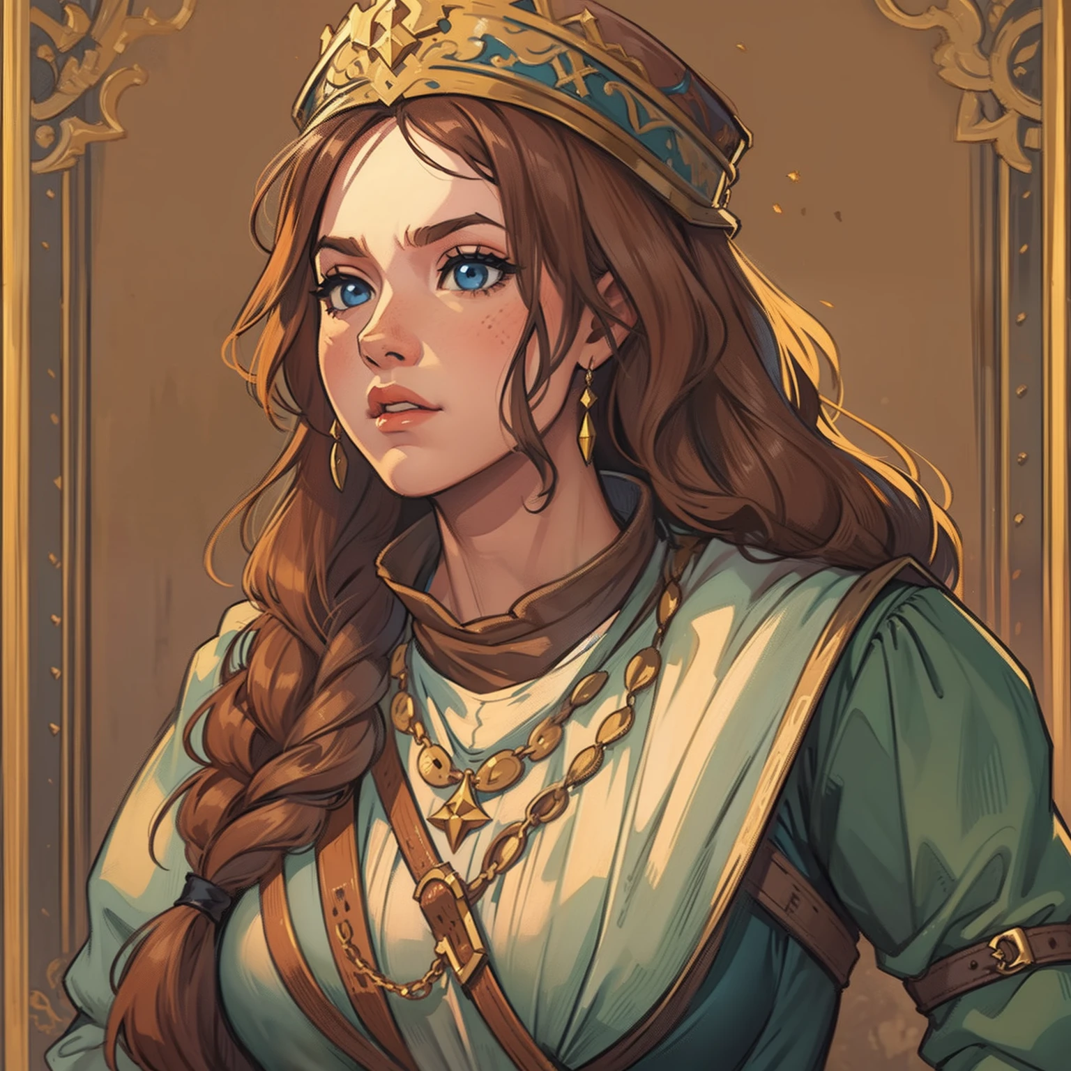임의의 매력적인 여자의 초상화, 중세 미술 RPG 미술 속 중세 의상을 입은 중세 RPG NPC, 대략적인 디테일 아트