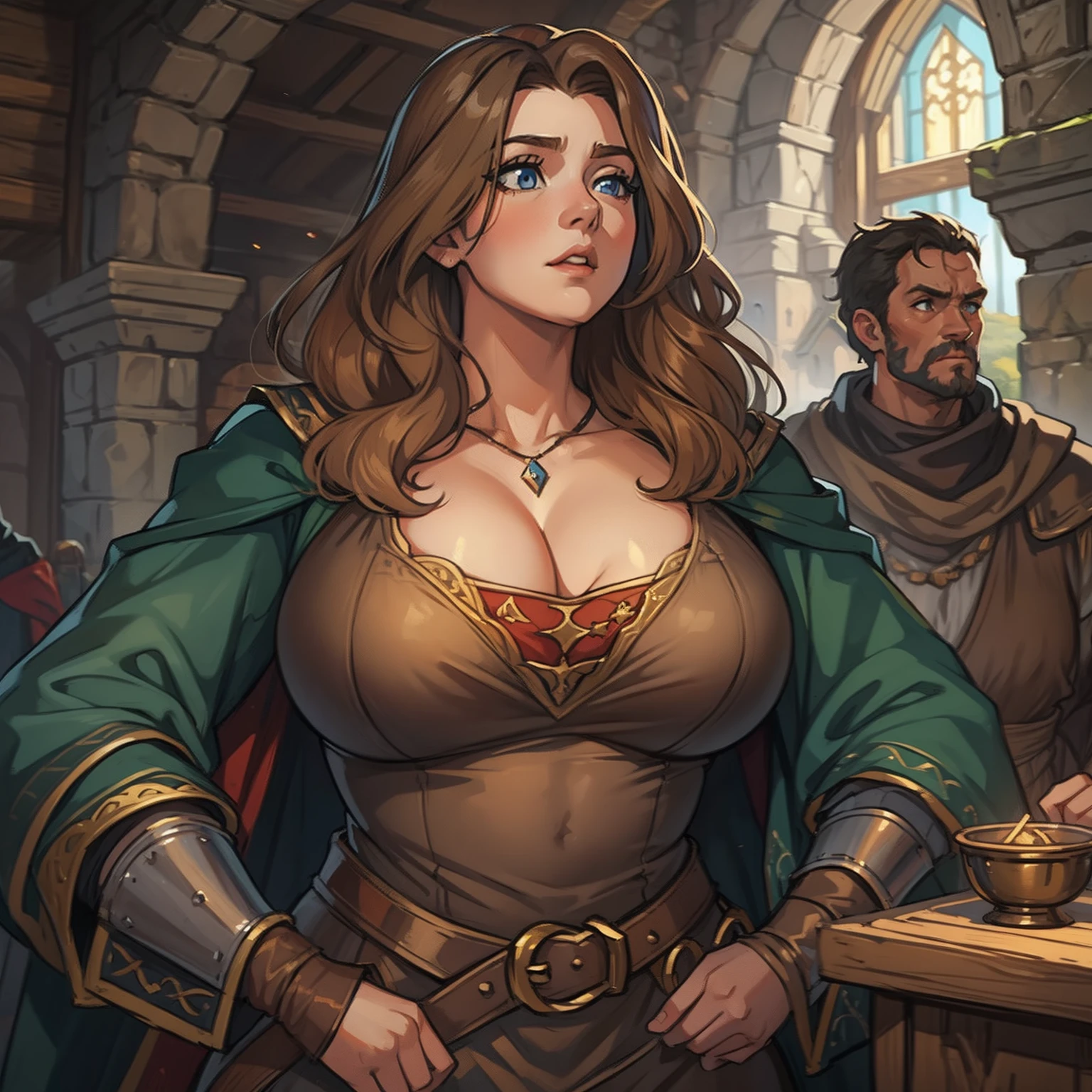 a portrait of a curvy woman neckline large  random an NPC for a medieval RPG wearing medieval costumes in a medieval art RPG art a rough detail art