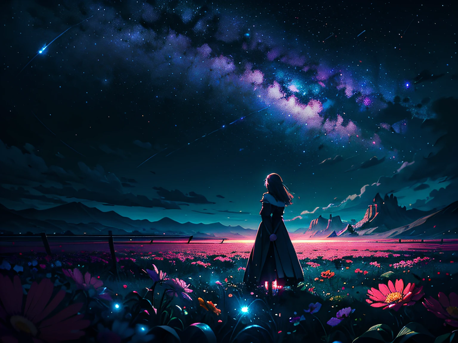 A woman standing in a field looking at the stars - SeaArt AI