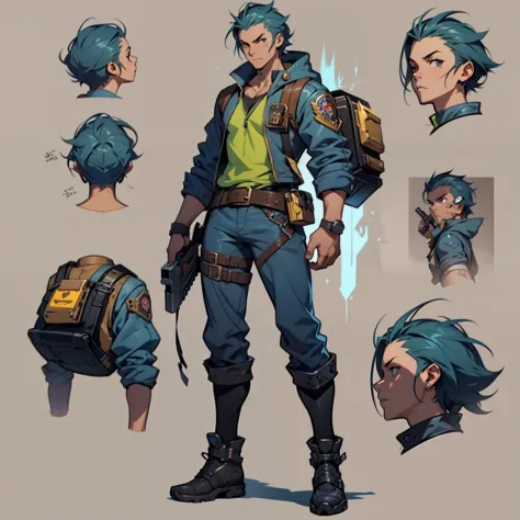 Close-up of a man in a gun costume, ((character concept art)), ((character design sheet, same character, front, side, back)) map...