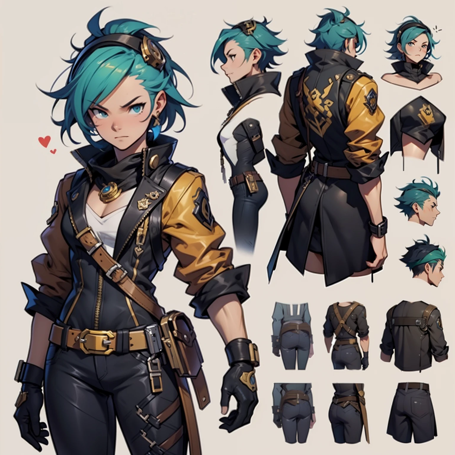 Close-up of a man in a gun costume, ((character concept art)), ((character design sheet, same character, front, side, back)) maple story character art, video game character design, video game character design, maple story gun girl, expert high detail concept art, metal bullet concept art, funny character design, Lucio as a woman, gravity rush inspiration, sticky tar. Concept art, belt buckle at waist, steampunk weapon,