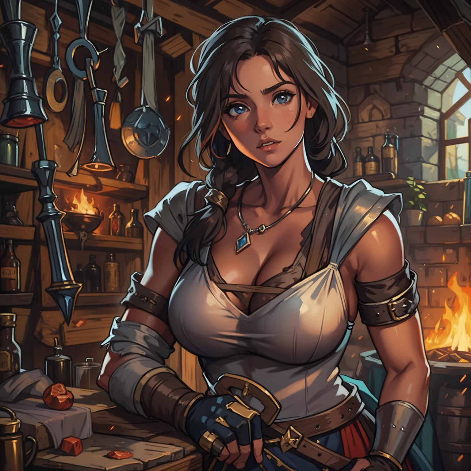 a portrait of a woman she's a sexy blacksmith in a forge with cleavage and  an NPC for a medieval RPG wearing medieval costumes in a medieval art RPG art a rough detail art