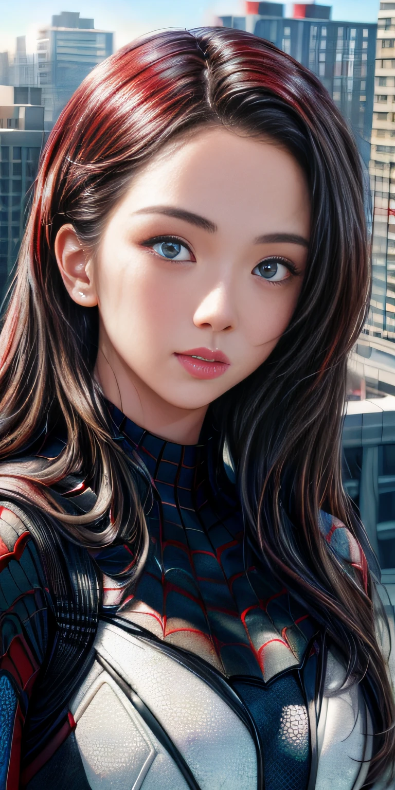 (1girl:1.3), Solo, (((Very detailed face)))), ((Very detailed eyes and face)))), Beautiful detail eyes, Body parts__, Official art, Unified 8k wallpaper, Super detailed, beautiful and beautiful, beautiful, masterpiece, best quality, original, masterpiece, super fine photo, best quality, super high resolution, realistic realism, sunlight, full body portrait, amazing beauty, dynamic pose, delicate face, vibrant eyes, (from the front), She wears Spider-Man suit, red and black color scheme, spider, very detailed city roof background, rooftop, overlooking the city, detailed face, detailed complex busy background, messy, gorgeous, milky white, highly detailed skin, realistic skin details, visible pores, clear focus, volumetric fog, 8k uhd, DSLR, high quality, film grain, fair skin, photo realism, lomography, futuristic dystopian megalopolis, translucent