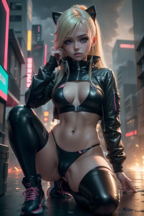 20-year-old girl with blonde hair in a futuristic yellow leather jacket with an apocalyptic, cloudy foot, Renderizado fotorrealista de chicas de anime | |, Estilo de anime 3D realista, 4k, Arte no estilo Guweiz, Render de una linda chica de anime 3D, estil...