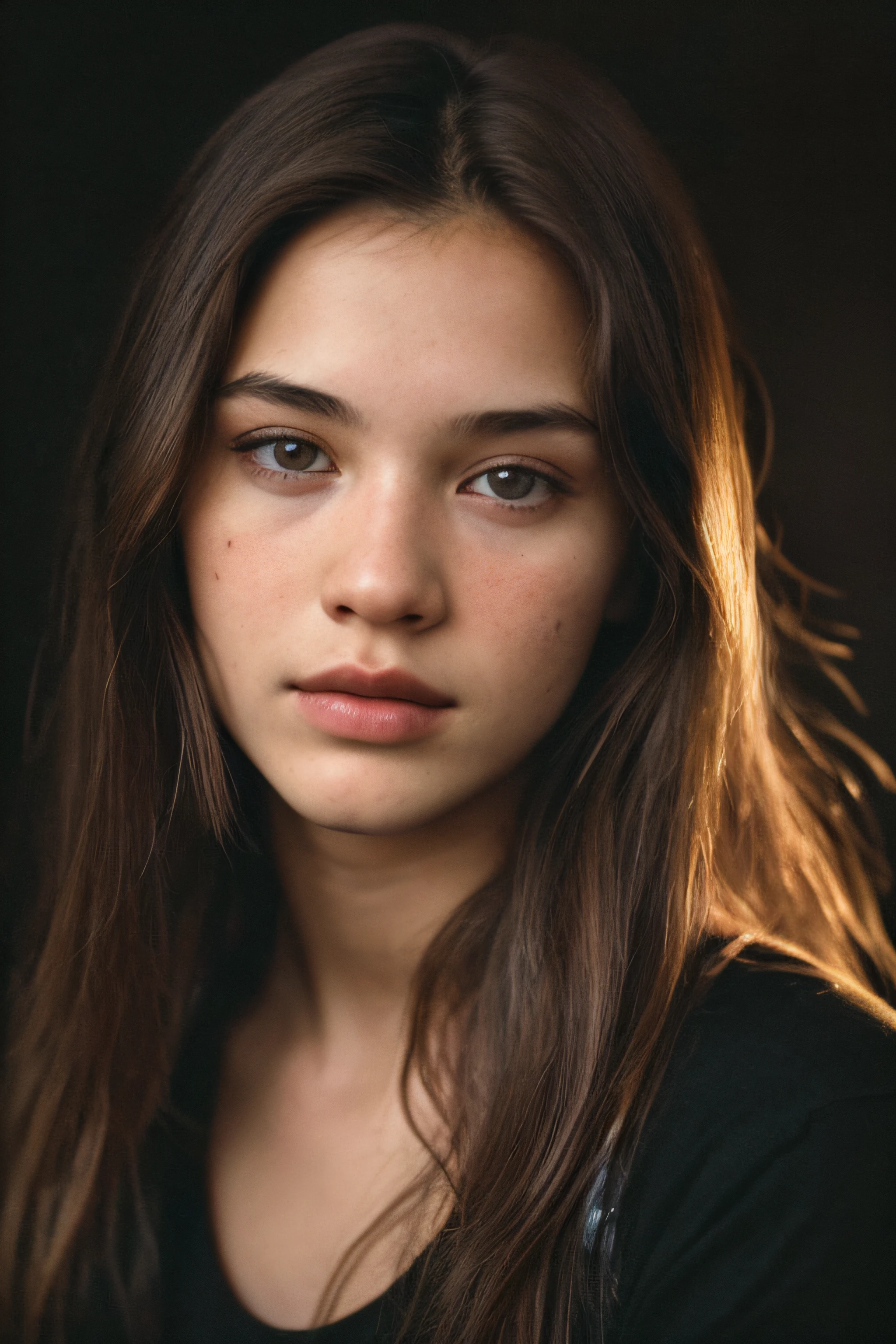 (close-up, editorial photograph of a 18 year old woman), (highly detailed face:1.4) (smile:0.7) (background inside dark, moody, private study:1.3) POV, by lee jeffries, nikon d850, film stock photograph ,4 kodak portra 400 ,camera f1.6 lens ,rich colors ,hyper realistic ,lifelike texture, dramatic lighting , cinestill 800, ((simple brown background))