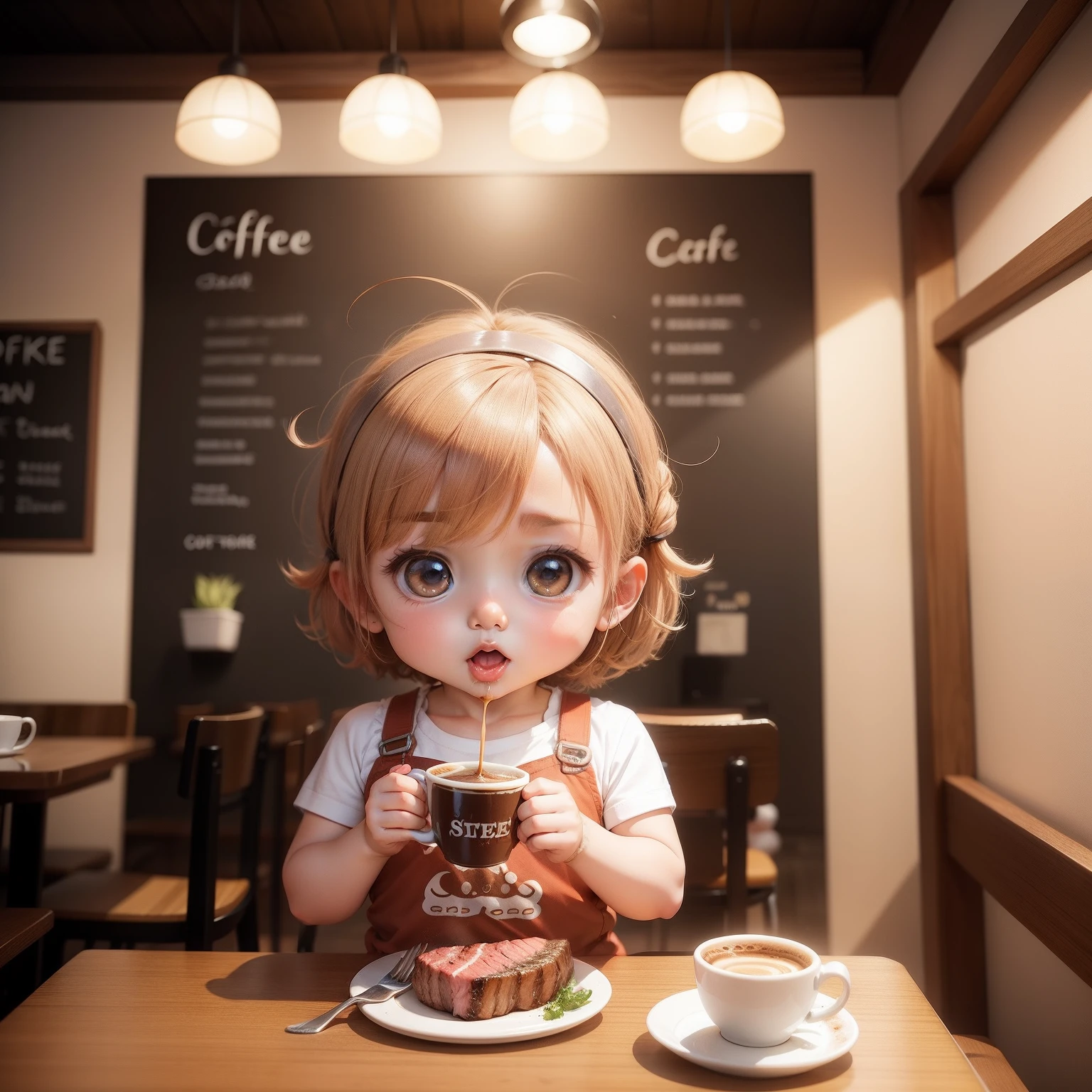 Cute Baby Chibi Anime,Eat steak,Inside a cute coffee shop