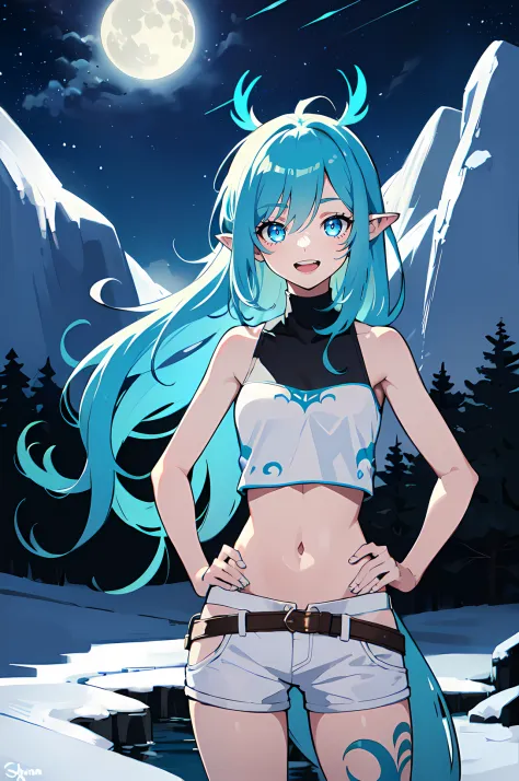 1girl, solo, (Appearance:, cyan hair, light blue hair, very long hair, grey eyes, dark eyes, small breasts, crop top, white top,...