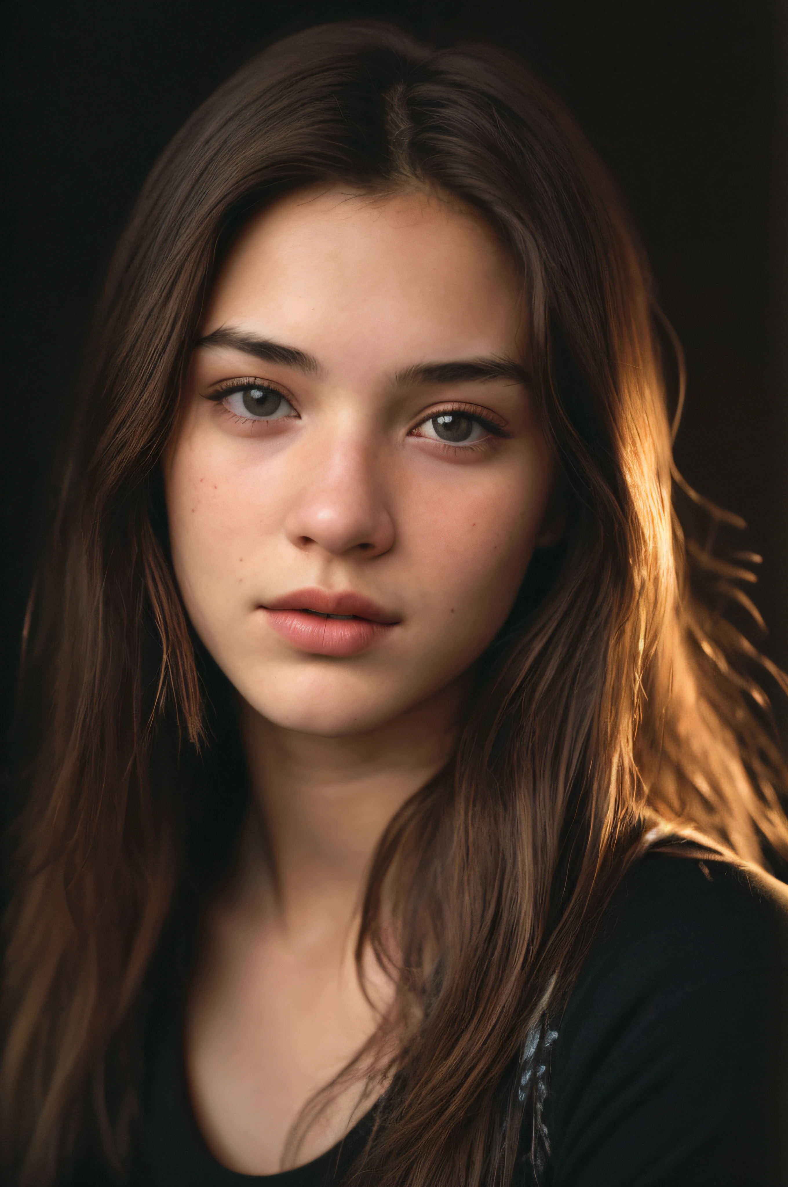 (close-up, editorial photograph of a 18 year old woman), (highly detailed face:1.4) (smile:0.7) (background inside dark, moody, private study:1.3) POV, by lee jeffries, nikon d850, film stock photograph ,4 kodak portra 400 ,camera f1.6 lens ,rich colors ,hyper realistic ,lifelike texture, dramatic lighting , cinestill 800, ((simple brown background))