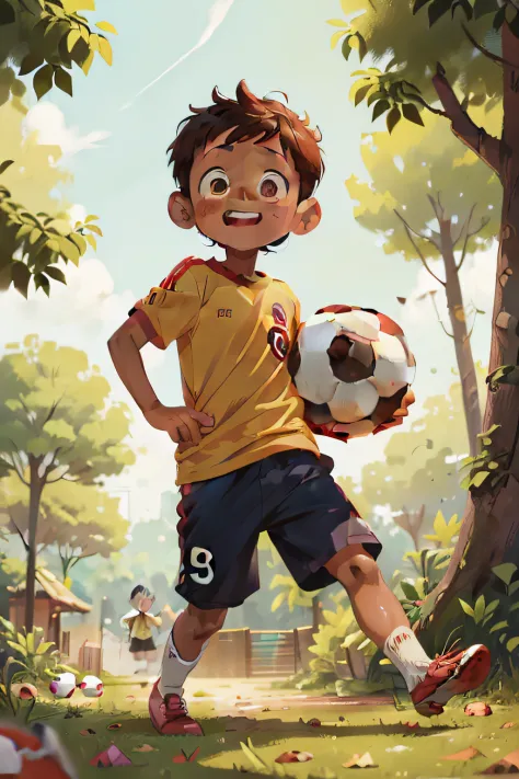 lucas, an 8 year old boy, cute, brown skin, cheerful and kind eyes, fun, holding a soccer ball in the park