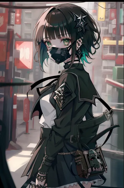 goth_punk, 1girl, solo, iridescent green eyes, (brown shimmer hair), earrings, bangs, jewelry, mask, blunt bangs, mouth mask, ha...