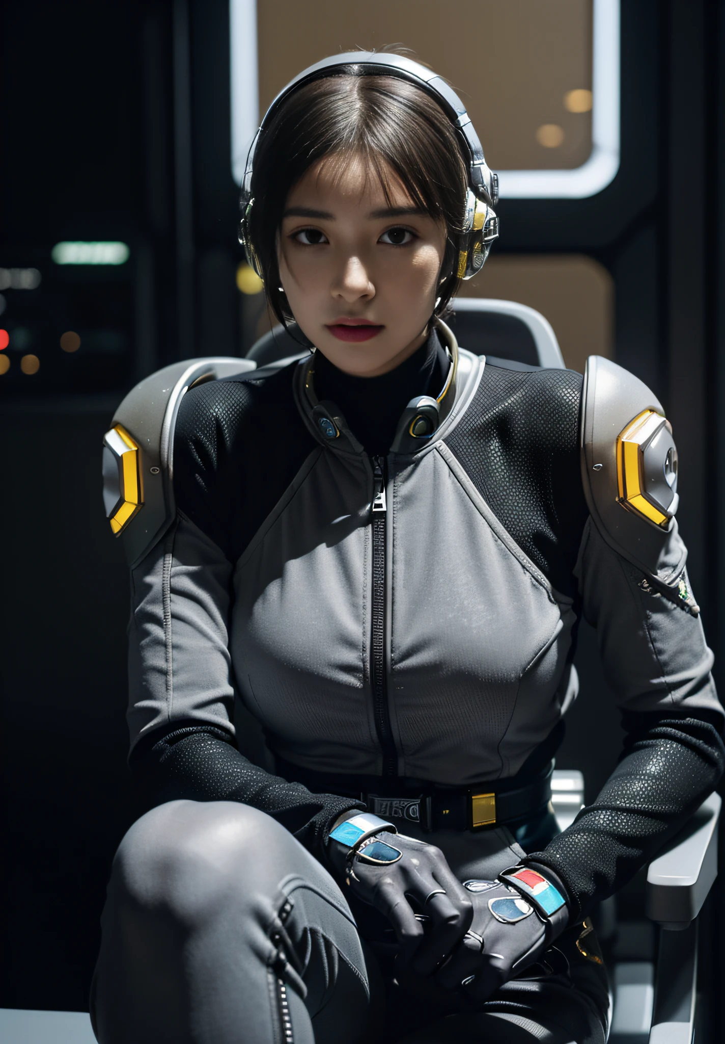 (Highest image quality, outstanding details, ultra-high resolution), (realism: 1.4), ((close up:1.25)), highly condensed 1girl, (cyberpunk, cyborg), a delicate and beautiful face, (short hair), ((sitting in narrow futuristic low canopy cockpit:1)), (wearing baggy spacesuit with ring-helmet-disconnecter, mecha, yellow pipes and codes, flanges on spacesuit, cyberpunk headset), (cloths color base on glitter-dark-gray silver yellow beige), ((revealed only head)), outside univers space,