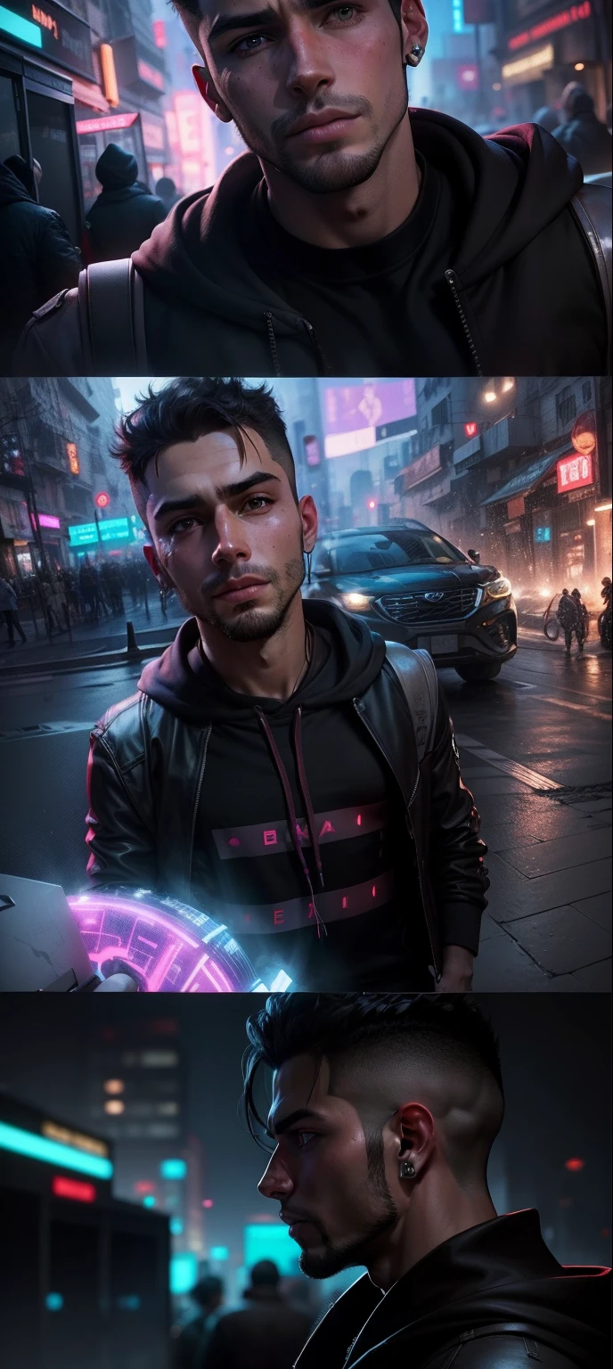 Change background cyberpunk handsome boy wearing hoodies. Realistic face 4k