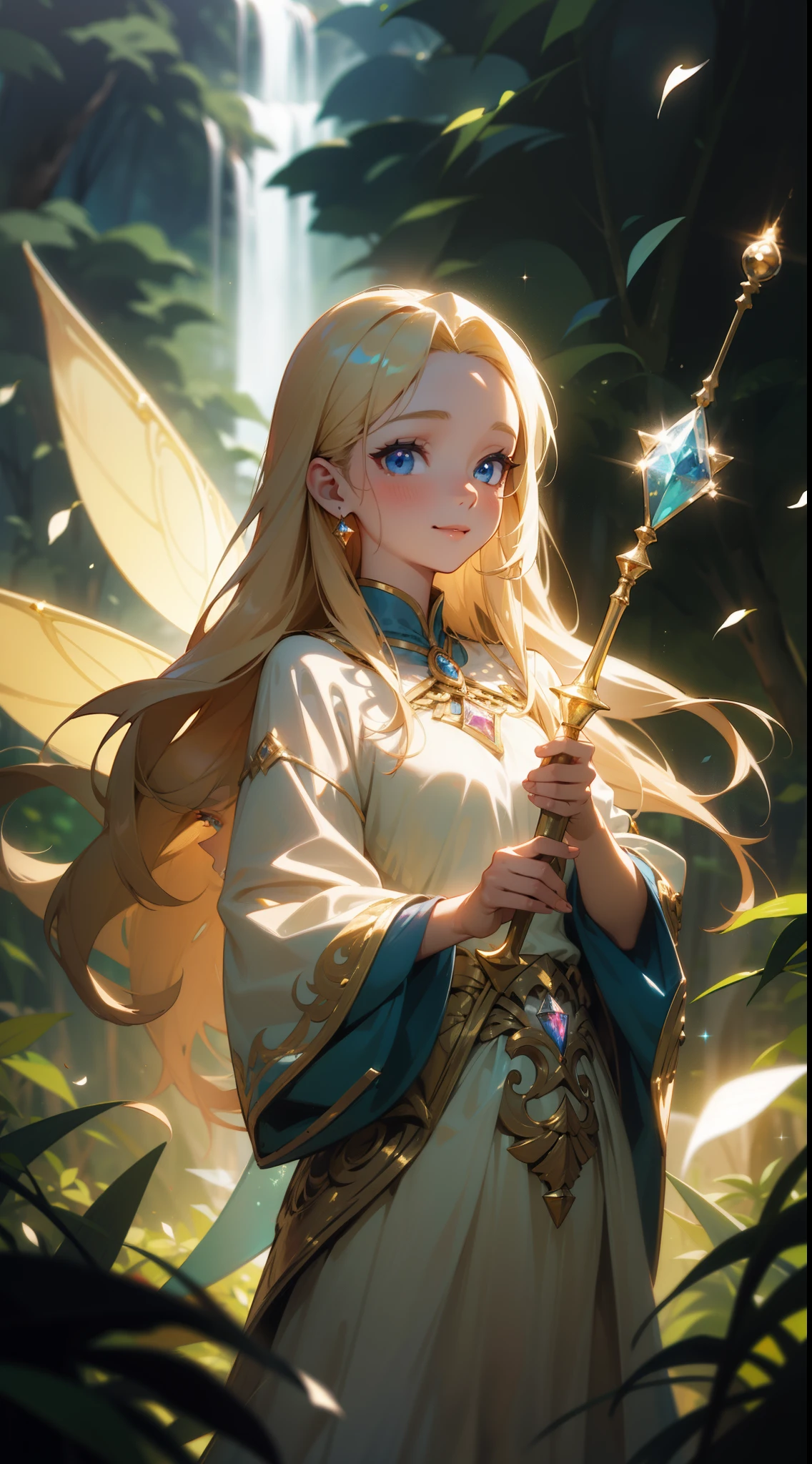 ((masterpiece)), best quality, 8k, high quality, high resolution, super detailed, ultra detailed, photorealistic, magical and finely detailed face and eyes, ultra detailed and detailed skin texture, enchanting eyes, perfect face, 1 girl, flowing golden hair, (enchanted gown), sparkling blue eyes, (fairy wings), (mystical aura), holding a crystal wand, standing in a radiant forest glade, ethereal expression, ((gentle smile)), day, sun-dappled meadow, shimmering waterfall, magical ambiance, (whispering breeze), (soft chimes), since time immemorial, Elara, mystical eyes, "Harry Potter" inspired background.