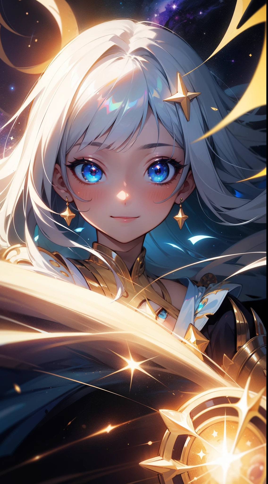 ((masterpiece)), best quality, 8k, high quality, high resolution, super detailed, ultra detailed, photorealistic, magical and finely detailed face and eyes, ultra detailed and detailed skin texture, wondrous eyes, perfect face, 1 girl, ethereal silver hair, (celestial gown), radiant blue eyes, (starlit aura), holding a glowing celestial orb, hovering in a cosmic expanse, serene expression, ((transcendent smile)), night, celestial realm, shimmering constellations, ethereal atmosphere, (celestial melodies), (cosmic energy), since time immemorial, Seraphina, transcendent eyes, "Stardust" inspired background.