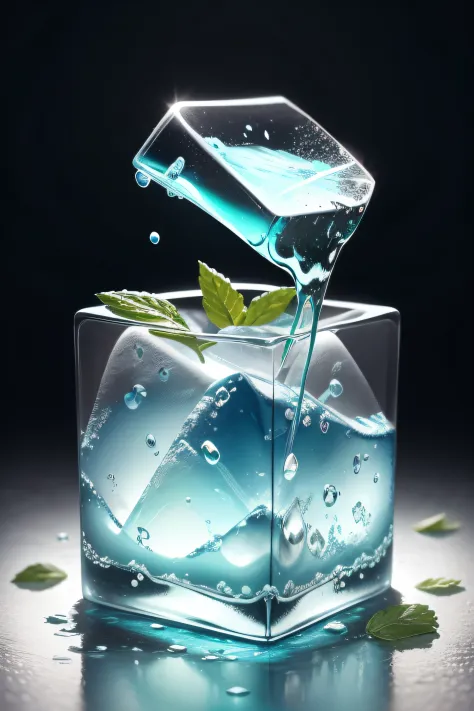 melting ice cube，blue colors，Mint leaves on ice
Square picture