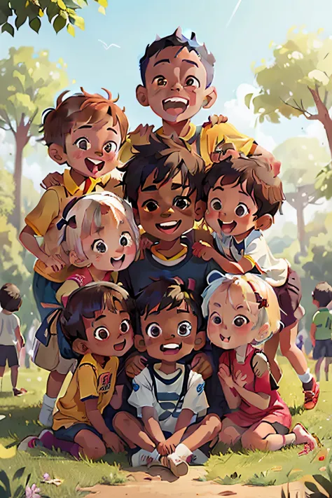 a group of 8-year-olds, diverse group, boys and girls, smiling in the park, all different, cute, an African boy, a dark boy, a C...