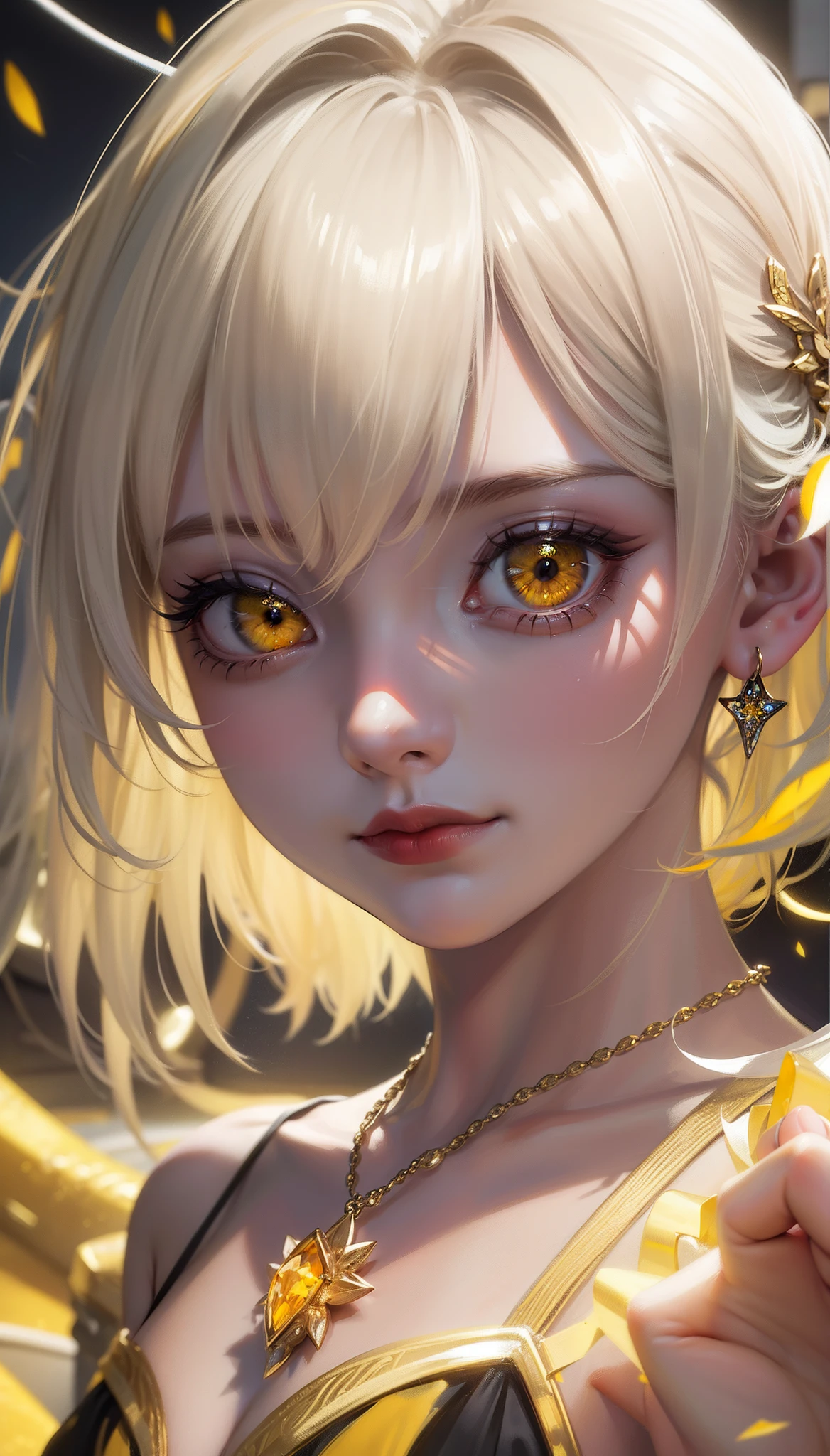 Ultra realistic, ray tracing, cinematic photography, cinematic special effects, glowing yellow golden eyes, yellow glowing jewel necklace, silver hair on top, cinematic photo, just like the picture looks, (no bad hands)