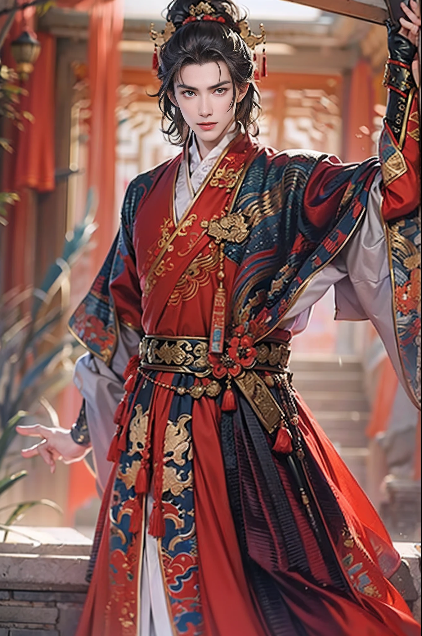 (((傑作))).(運動裝:1.3,)宮，汉服新郎，red hanfu，莊嚴，(正臉)，(((一個英俊的男人)))，皮膚細節，(他穿着红色的中国服装，)高畫質，更高的細節，電影畫質，