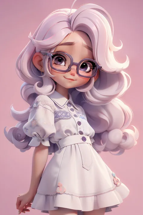 Menina estilo Chibi de cabelos compridos tons mesclados e pastel, Hat at Ceba, olhos claros, Eyeglasses, Delicate details and ac...