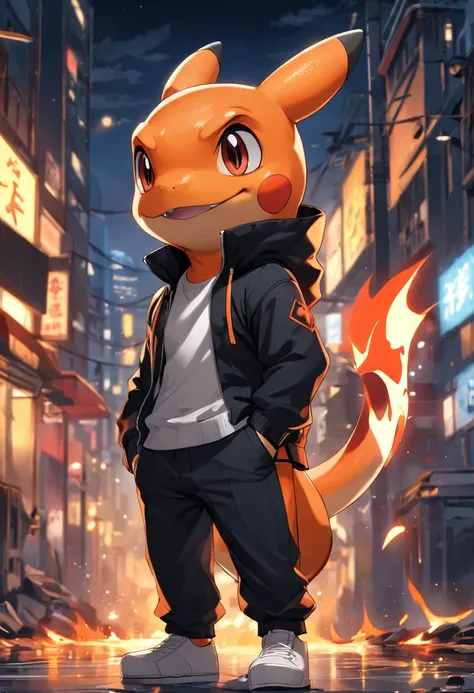 a highly detailed illustration of Charmander wearing the iconic black ...