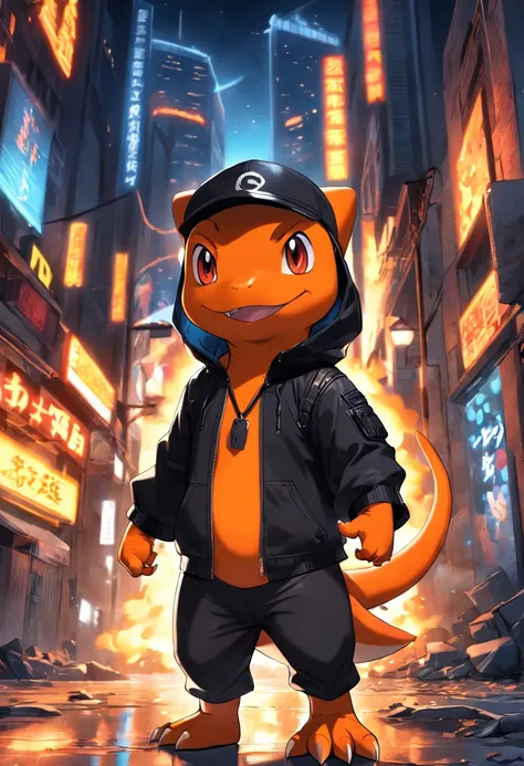 a highly detailed illustration of Charmander wearing the iconic black ...