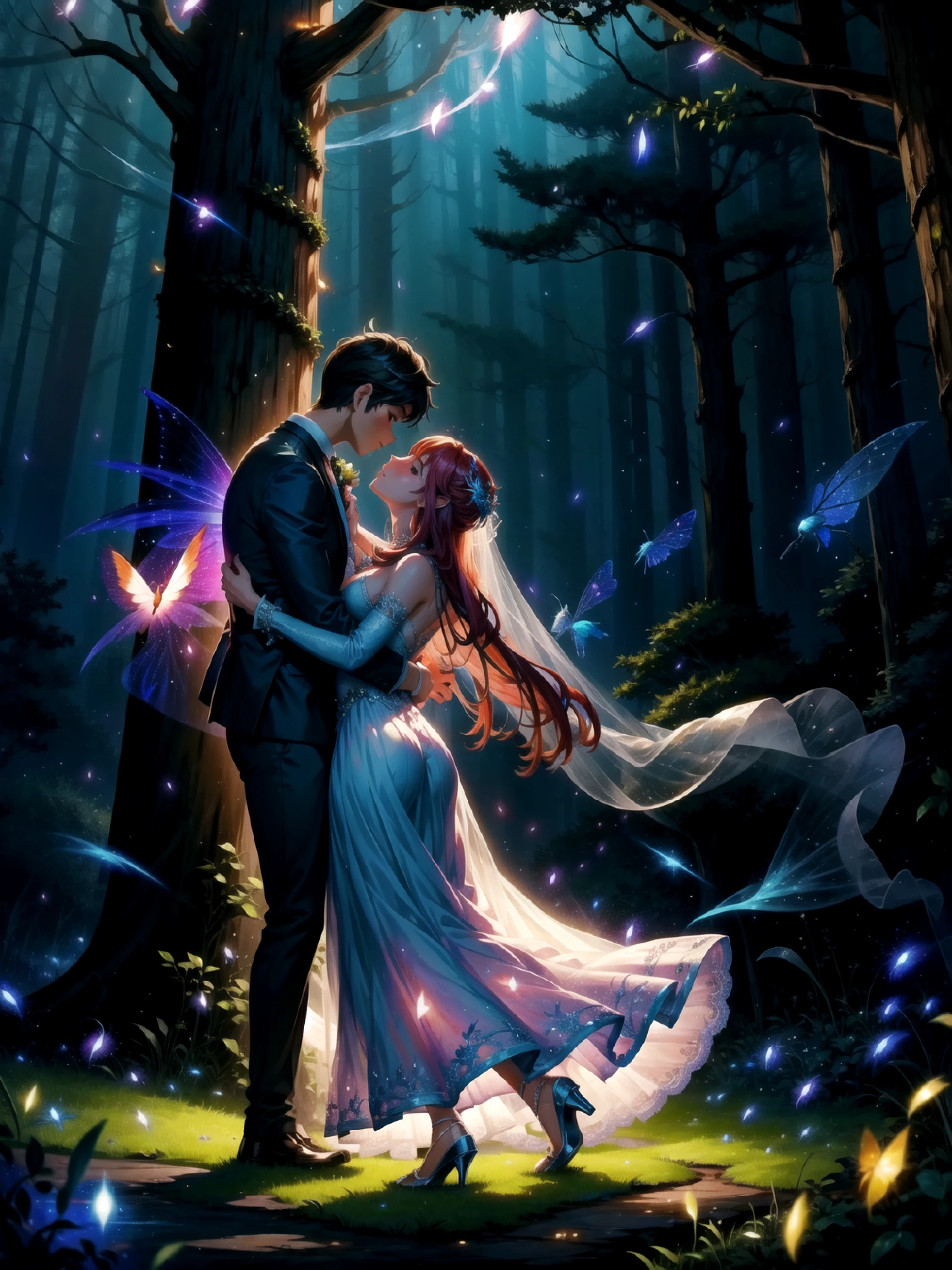 bride and groom, fairytale wedding, night fantasy forest, fairy, fireflies, fantasy art, blue and red aura, intimate dancing, detailed, masterpiece