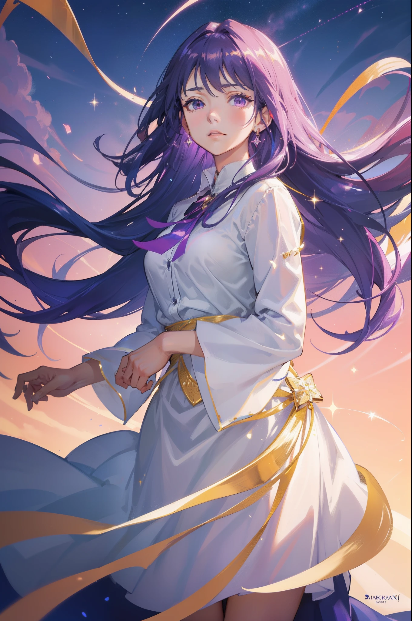 masterpiece, best quality, beautiful detailed hair detailed face, perfect feminine face, a beautiful and cute girl with sparkling and glowing purple hair, floating hair by wind, (sparkle particle), lens flare, sharp focus, volumetric lighting, by sakimichan, george kamitani, akira yasuda, trending on artstation, get million like, intricate details