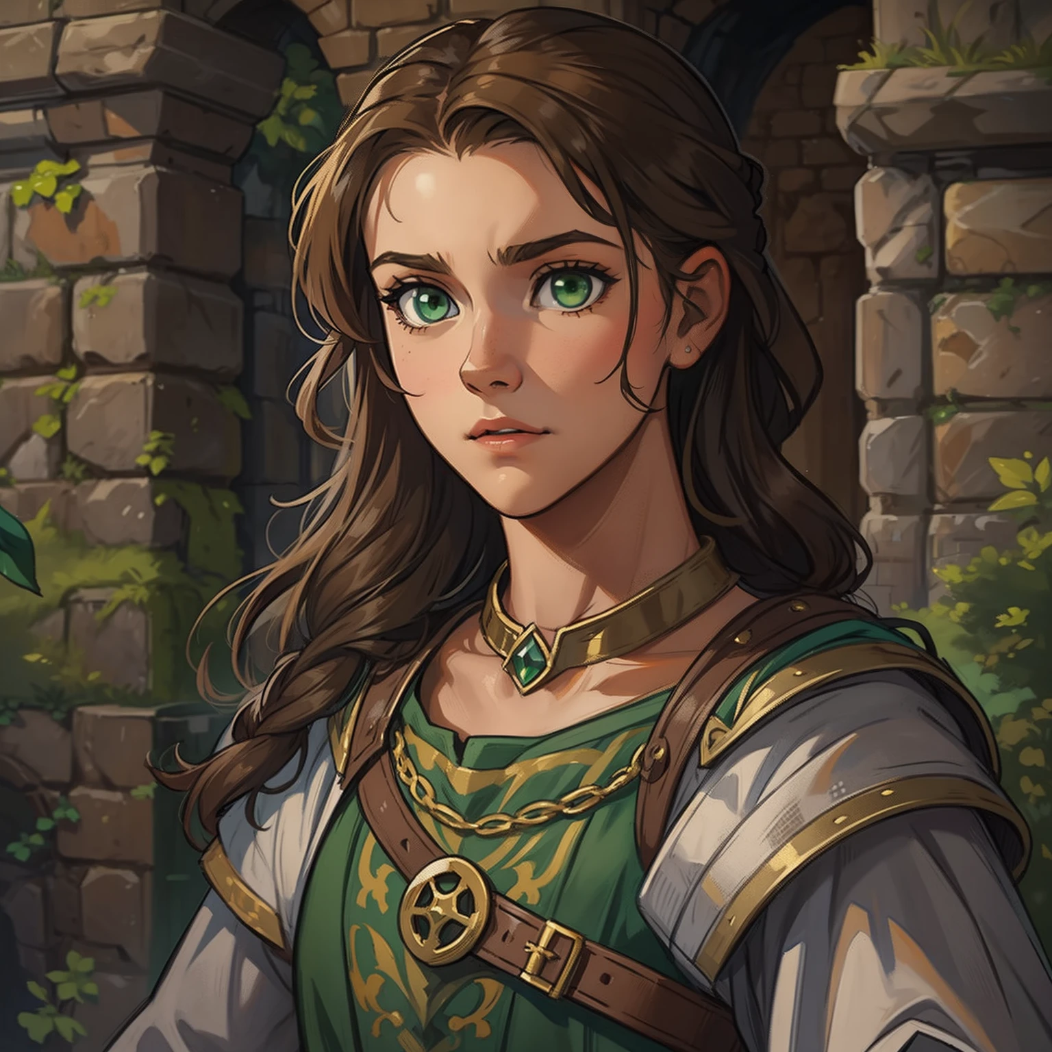 a portrait of a young teenage girl, an elegant princess with green eyes and brown hair, an NPC for a medieval RPG wearing combat costumes, costumes for medieval fighting training in a medieval art RPG art, a rough art in a medieval castle, this teenager is 15 years old and has a light one, she is kind, surrounded by life