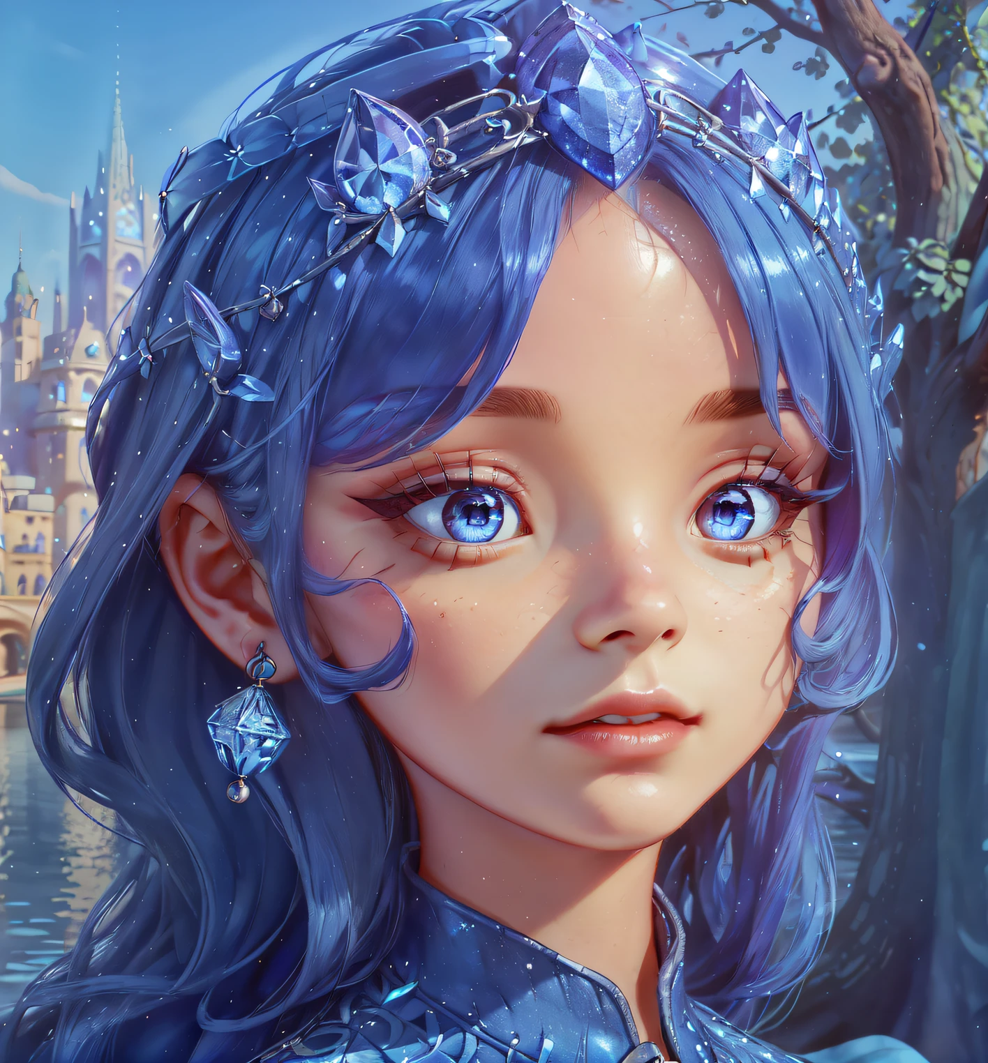 (best quality, masterpiece, detailed face, beautiful detailed eyes), Ember, girl made of ((blue)) fire, 1girl, (solo),narrow waist, long eyelashes, detailed face, detailed eyes, standing in a park with crystals around, lake and a modern city in the background,