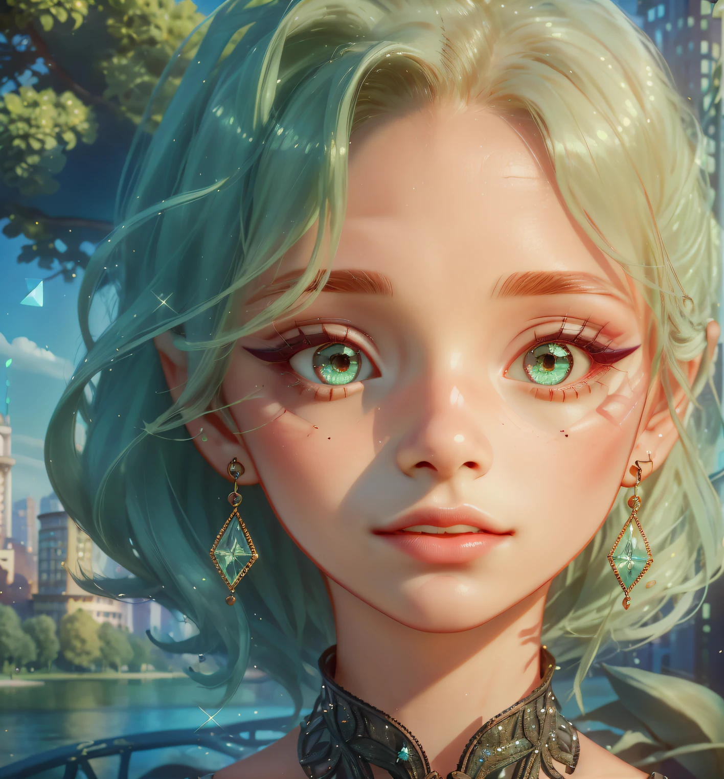 (best quality, masterpiece, detailed face, beautiful detailed eyes), Ember, girl made of ((green)) fire, 1girl, (solo),narrow waist, long eyelashes, detailed face, detailed eyes, standing in a park with crystals around, lake and a modern city in the background,