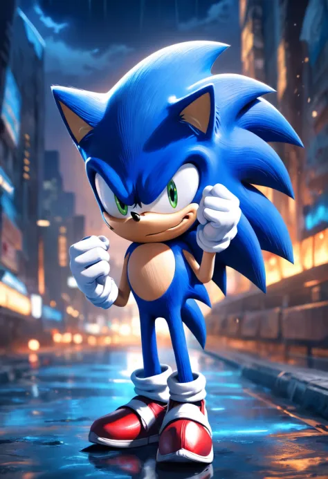 "uma detalhada, Hyper-realistic illustration of Sonic with mischievous expression on his face in a dynamic pose, efeitos raios azuis ao redor, Night scenery, Dramatic lighting and hyper-realistic drawing style."