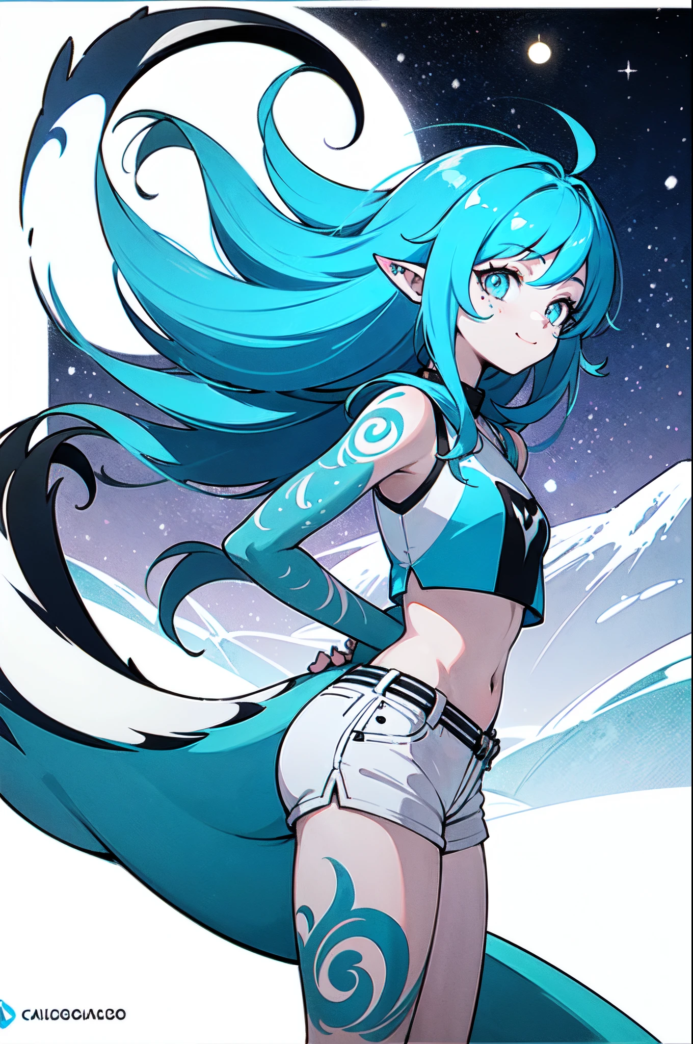 1girl, solo, cyan hair, light blue hair, very long hair, grey eyes, small breasts, crop top, white top, navel, white shorts, (lizard tail, calango tail:1.25), pointy ears, (blue tattoos, tattoos all over her body, just blue tattoos please:1.23), standing, smiling, closed mouth, arms behind back, her tail is visible), close-up, portrait, zoom in, winter, forest, snow, mountains, moon, stars, ((masterpiece, best quality, limited palette))