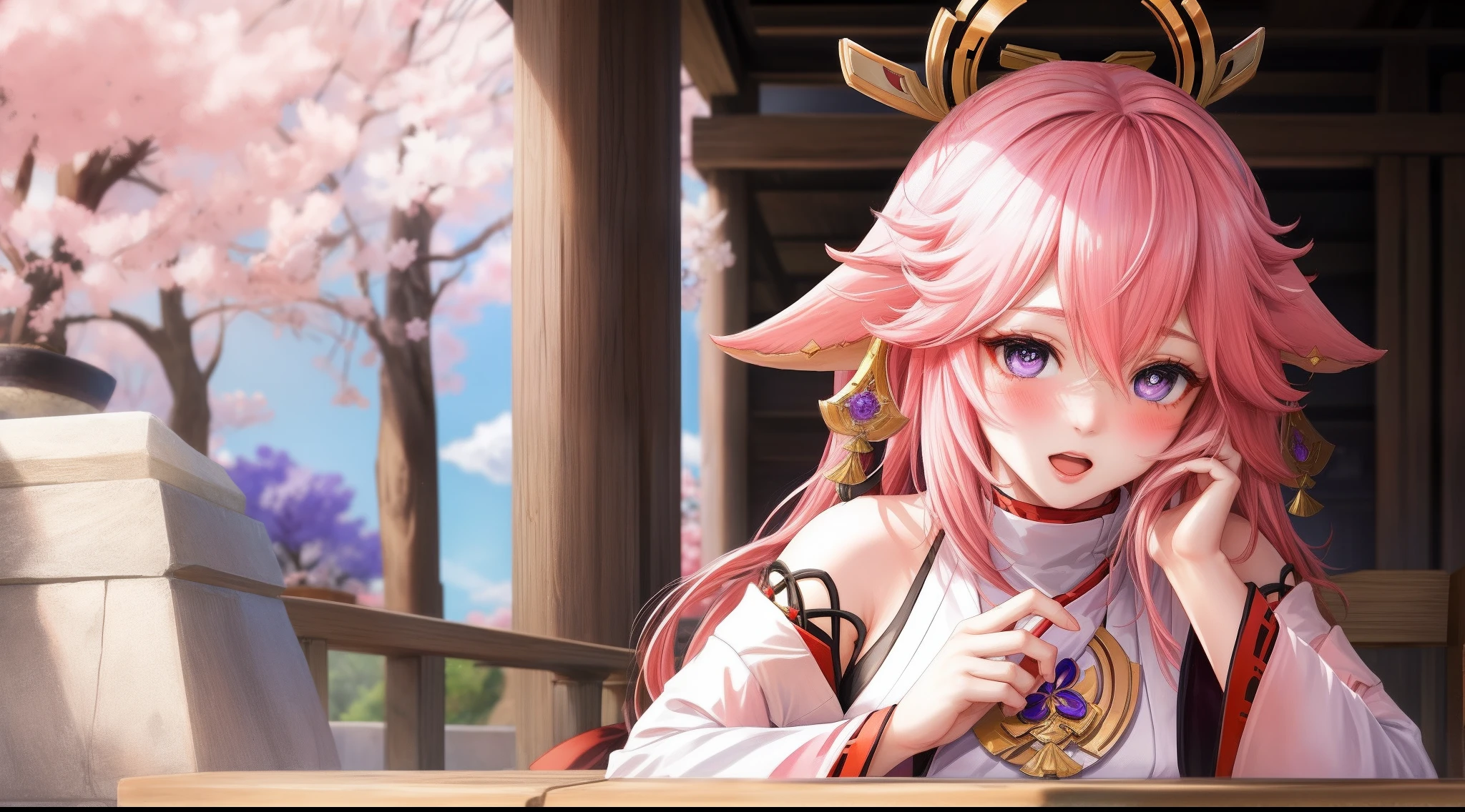 1girl, (yae miko genshin impact), focused upper body, realistic, leaning on table, blush, open mouth, (pink hair and hair ornament), purple pupils, standing pose, (white kimono), sakura background