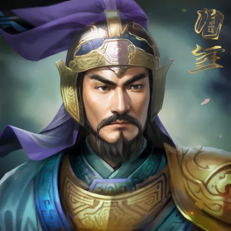Close-up of a man wearing a helmet and a purple cape, Guan yu, zhao yun, chinese three kingdoms, bian lian, genghis khan, feng s...