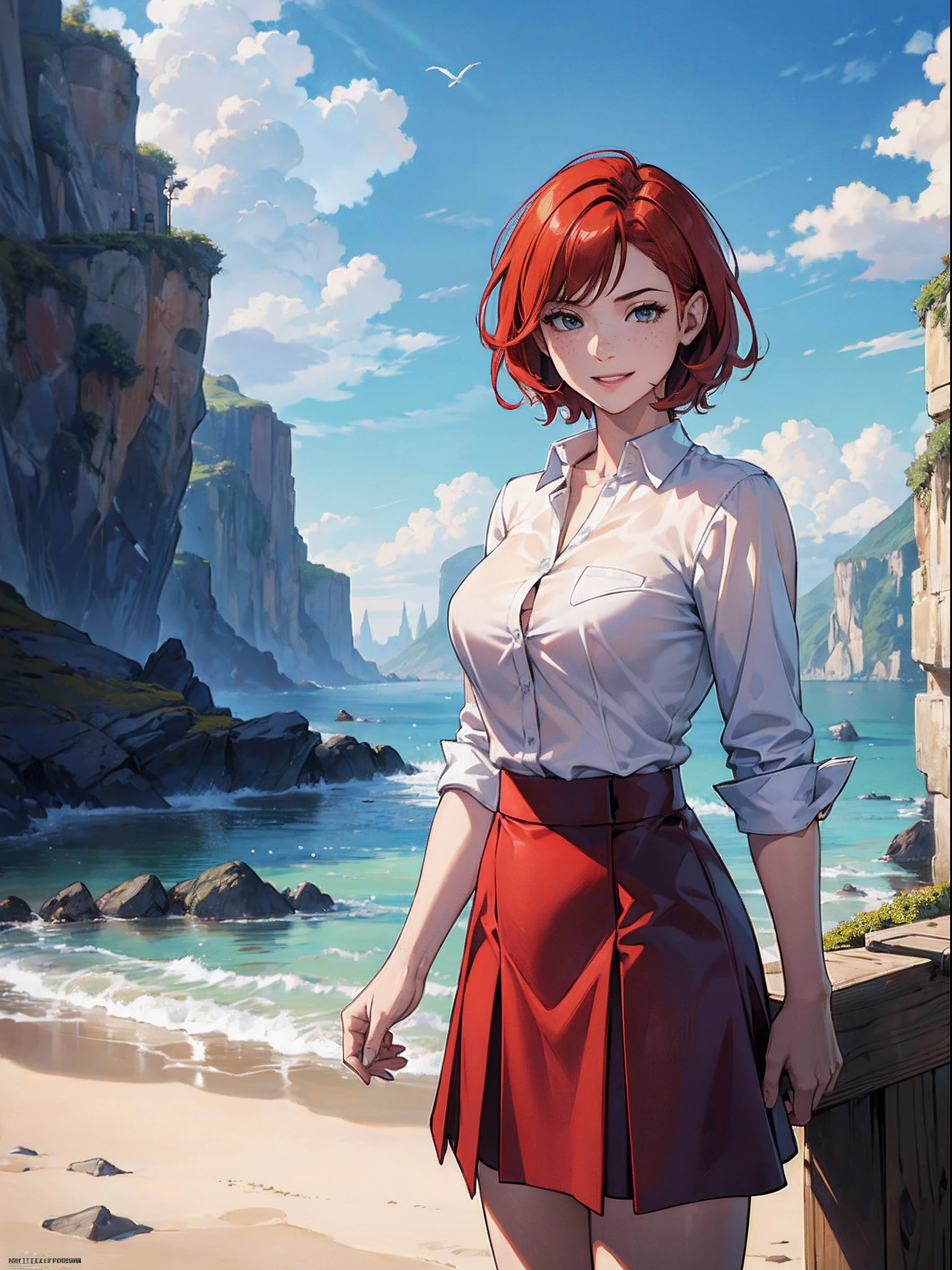 (masterpiece) , ((best quality)), (( 8k wallpaper)), ((ultra high resolution)), good composition, (ultra-detailed), illustration, beautiful, 1girl, red hair, short hair, medium sized breasts, good hands, perfect hands, scenery, masterpiece, highly detailed, seductive smile, freckles, buttoned up shirt, khaki skirt, white shirt, sfw, fully clothed, hypermuscle, hyper muscles, dangerous smile