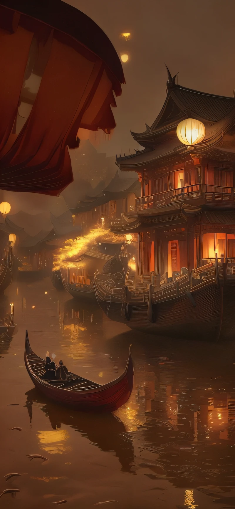 There was a boat floating in the water，There were people on board who put Kong Ming lanterns，sacrifice，The background is the full moon。, dreamy Chinese towns, andreas rocha style, the style of andreas rocha, inspired by Andreas Rocha, background artwork, cyberpunk chinese ancient castle, Beautiful rendering of the Tang Dynasty, floating chinese lampoons, Beautiful digital artwork, author：Andreas Rocha, by Yang J