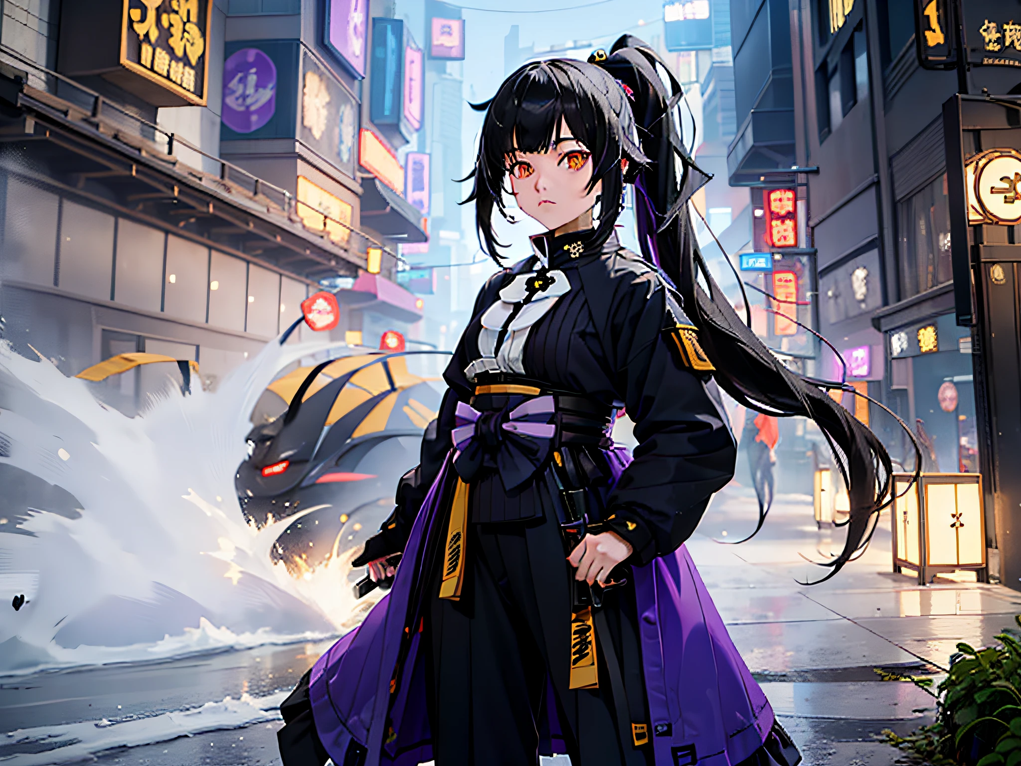 Female, beautiful face, black Long 1 pigtail hair, emo Hair, Holding a sword, yellow eyes, Standing at village, purple Strict samurai suit, Long black leggings, masterpiece