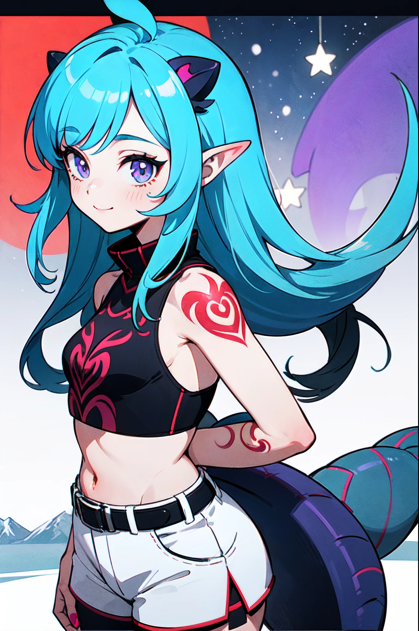 1girl, solo, cyan hair, light blue hair, very long hair, grey eyes, small breasts, crop top, white top, navel, white shorts, (lizard tail, calango tail:1.25), pointy ears, (red tattoos, purple tattoos, tattoos all over her body, just blue tattoos please:1.23), standing, smiling, closed mouth, arms behind back, her tail is visible), close-up, portrait, zoom in, winter, forest, snow, mountains, moon, stars, ((masterpiece, best quality, limited palette))