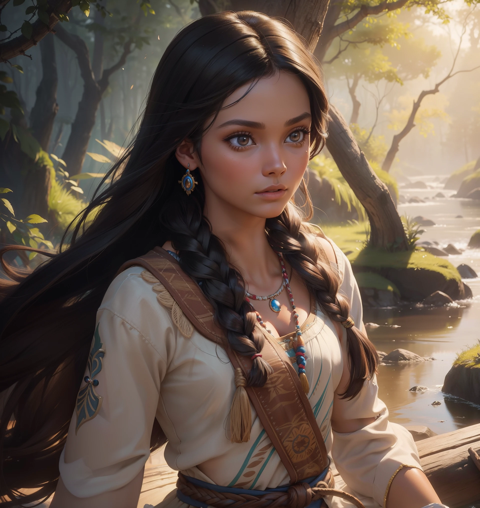 Obra de arte, Pocahontas \(Disney\),  (1 garota:1.1), (extremamente detalhado:1.2), super HD, 8K, (detalhes intrincados:0.8), hiper-realista, foto profissional, excepcional,