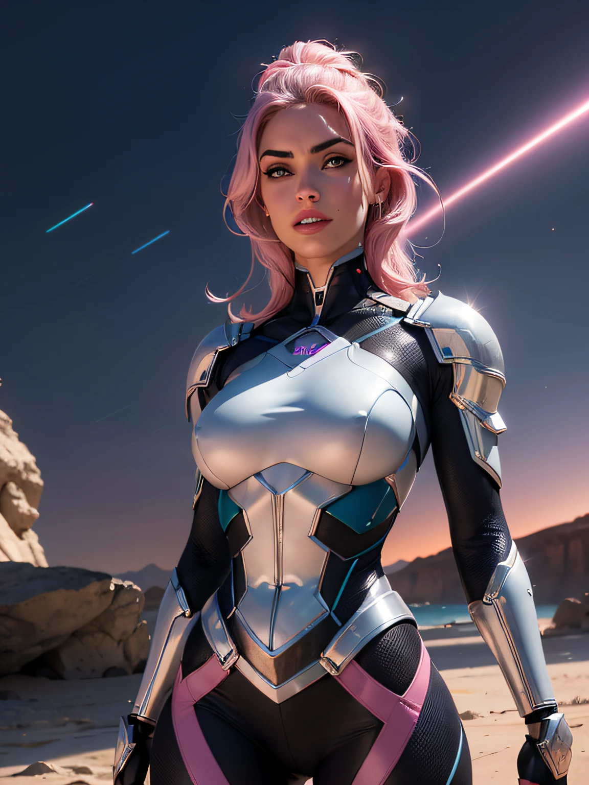 cabelo rosa pink luminoso, Cinematic lighting, altamente detalhado, armadura prateada detalhada, corpo inteiro, technological and futuristic with blue and lilac details, circuitos de luz, cabelos cor de rosa choque, NEGRA COM ROSTO DA MEGAN FOX , wearing technological and futuristic silver armor covering the entire body with blue and lilac details, circuitos de luz, Futuristic city background with pink and violet sky, cor da pele de bronze, mulata, pele bronzeada, cor do pecado, pele bem morena, queimada de sol, corpo fitness, corpo sarado, corpo atletico, corpo musculoso mas feminino (((seios ridiculamente grandes)))、(seios ridiculamente enormes:1.5)、((huge udder)) pose de guerreira, pink and violet sky, (RAW, analogical, lente ultra grande angular Nikon Z 14mm, fotografia glamorosa premiada, ((melhor qualidade)), ((obra-prima)), ((realista)), poros da pele, subsurface scatter, raios de luz radiantes, foco nítido, suave, aesthetic, extremamente detalhado, seios enormes e nus, aparecendo o peito muito grande sem roupa por cima! fart, pele molhada, pele brilhante brilhante:1.4 cabelos cor de rosa pink luminosos photorrealista, prazer, cabelo rosa pink + Megan Fox rosto perfeito, appears full-body from head to toe + appears on top of the head without cutting + aparece mais distante na imagem + seios nus a mostra sem nada cobrindo, usando apenas uma tanga dourada com pedras preciosas, bracelete dourado, segurando uma espada. corpo inteiro, pink and violet sky, in the desert with pink and violet sky, Arte por Mschiffer, 32k resolution, melhor qualidade, dynamic pose, action pose, in the style of realistic and hyper-detailed renderings, 8k, Olhos detalhados, olhos perfeitos, epics, Dramatic, Fantastic, corpo inteiro, design e detalhes intrincados, dramatic lighting, hiper-realismo, fotorrealista, cinemactic, 8k, Rosto detalhado, dramatic photo, Epic photo, corpo inteiro, barbarous, Cinematic Shot + Foto tirada por Canon + incrivelmente detalha