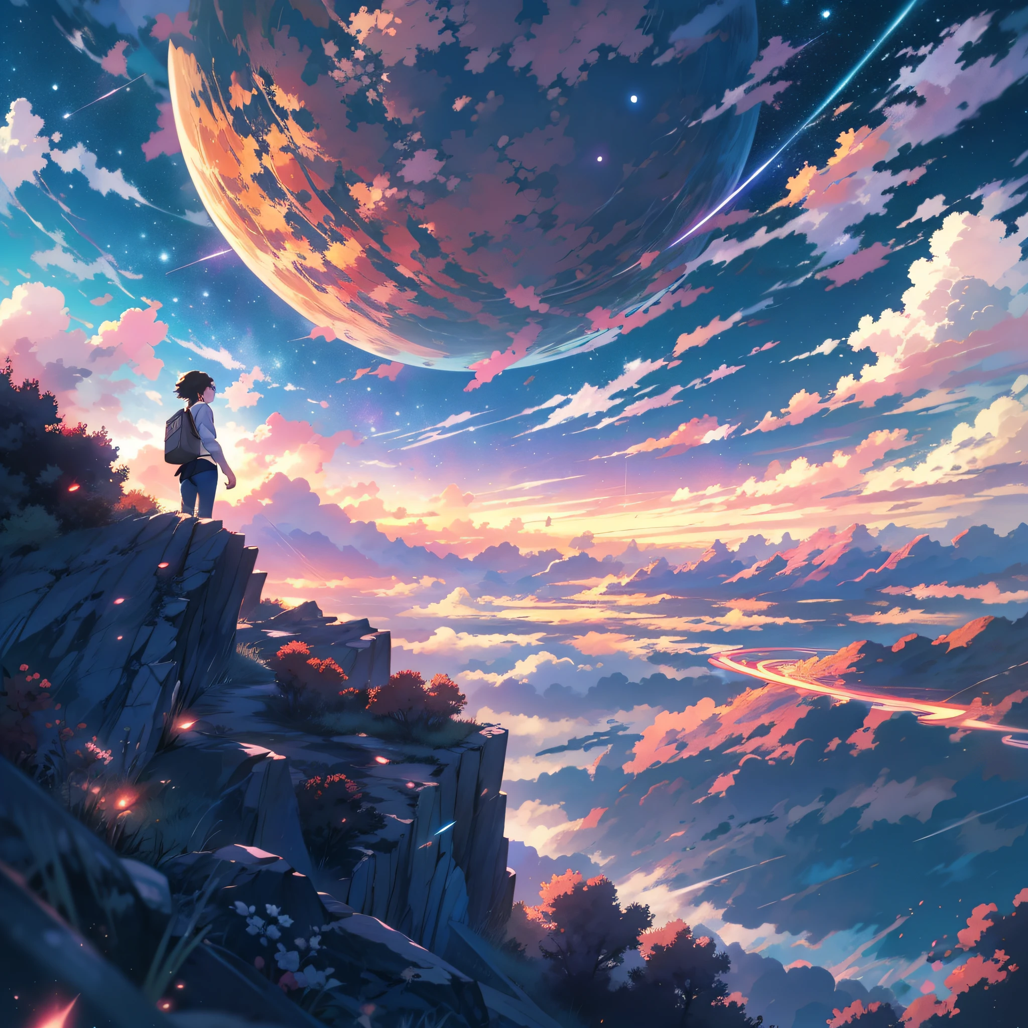 anime - escena de estilo de un hermoso cielo con una estrella y un planeta, cielos cósmicos. por Makoto Shinkai, fondo de pantalla de arte anime 4k, meteor fall, Fondo de pantalla de arte anime 4K, fondo de pantalla de arte anime 8 K, fondo de pantalla animado 4k, fondo de pantalla animado 4k, Fondo de pantalla animado 4K, cielo animado, increíble fondo de pantalla, fondo animado, fondo animado art, reflexión, transición cuántica, Camisa blanca, jeans negros, en la cima de la montaña.