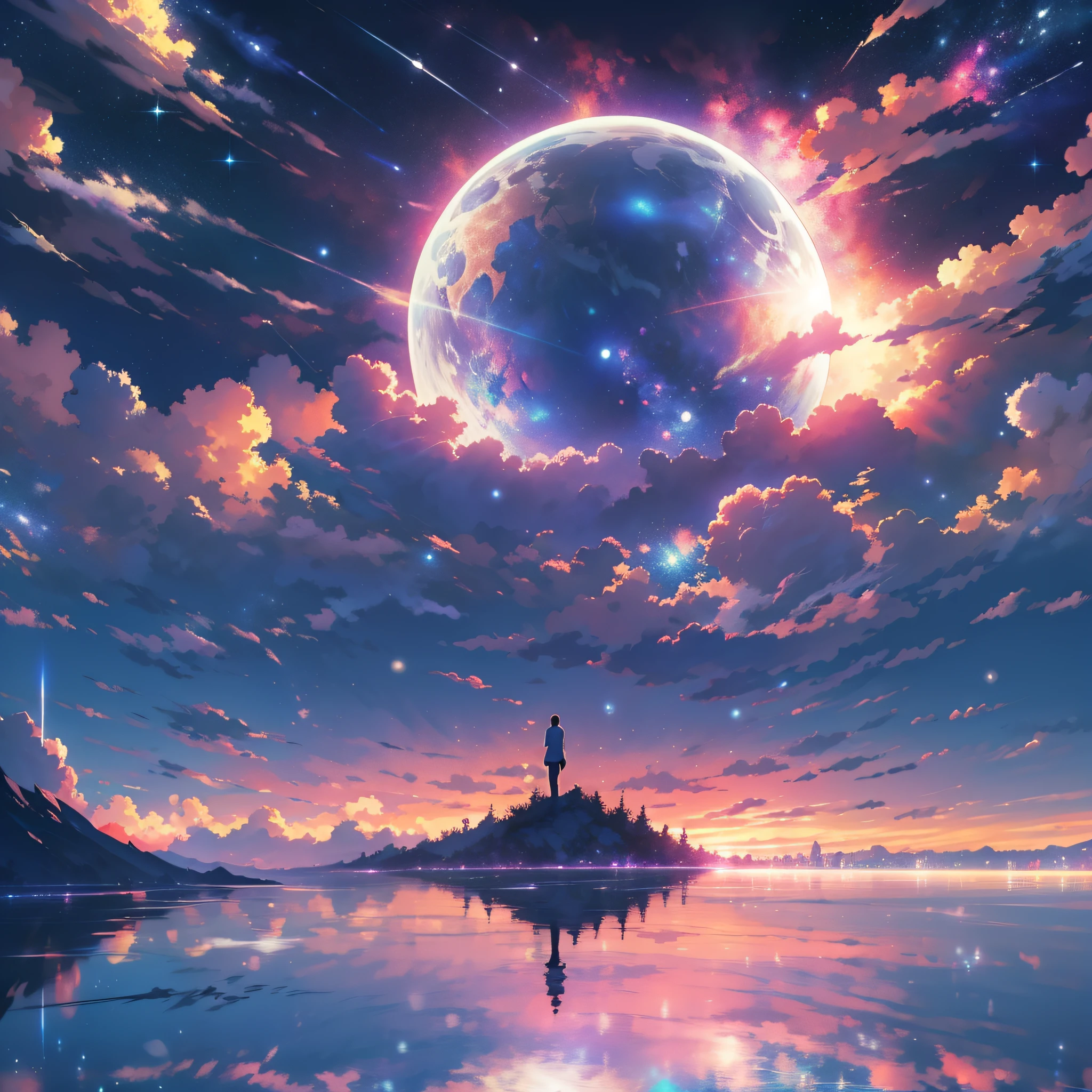 anime - escena de estilo de un hermoso cielo con una estrella y un planeta, cielos cósmicos. por Makoto Shinkai, fondo de pantalla de arte anime 4k, meteor fall, Fondo de pantalla de arte anime 4K, fondo de pantalla de arte anime 8 K, fondo de pantalla animado 4k, fondo de pantalla animado 4k, Fondo de pantalla animado 4K, cielo animado, increíble fondo de pantalla, fondo animado, fondo animado art, reflexión, transición cuántica, Camisa blanca, jeans negros, en la cima de la montaña.