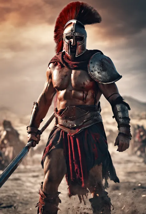 spartan warrior, fighting , bloody armor, epic, 8k