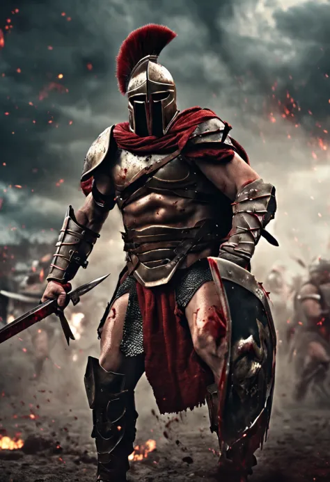 spartan warrior, fighting , bloody armor, epic, 8k