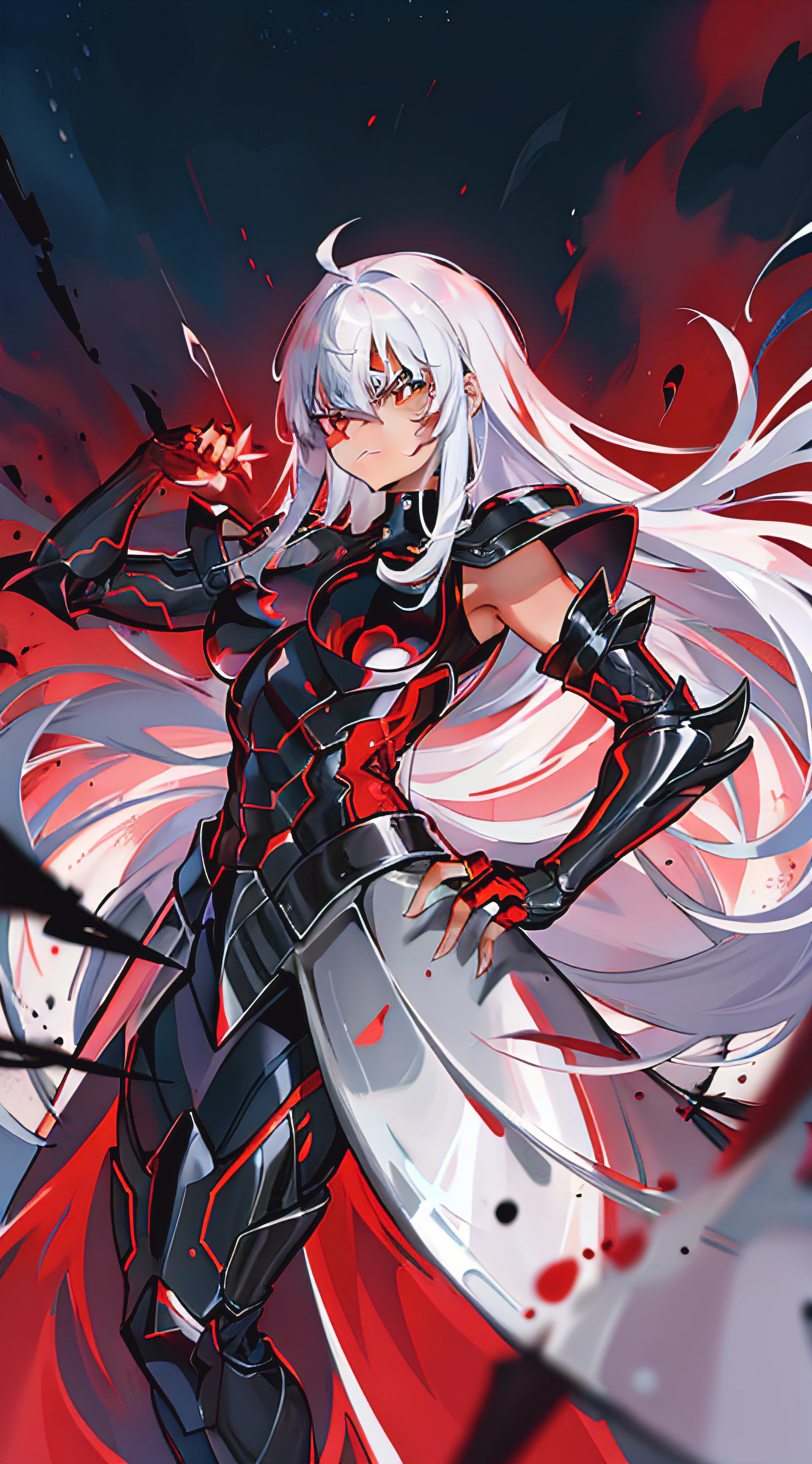 A female warrior in heavy black armor, in a devastated kingdom, with a red aura around, open black wings, angry expression and angry look, fully body.