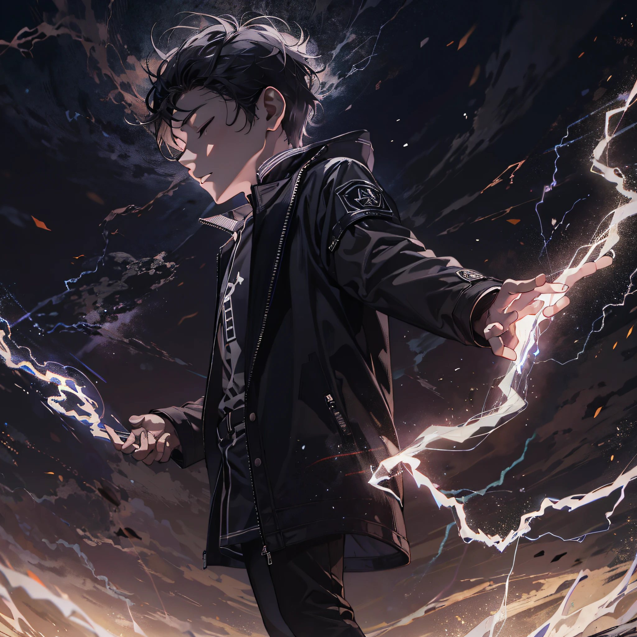 Anime boy with lightning in his hand standing on a rock - SeaArt AI