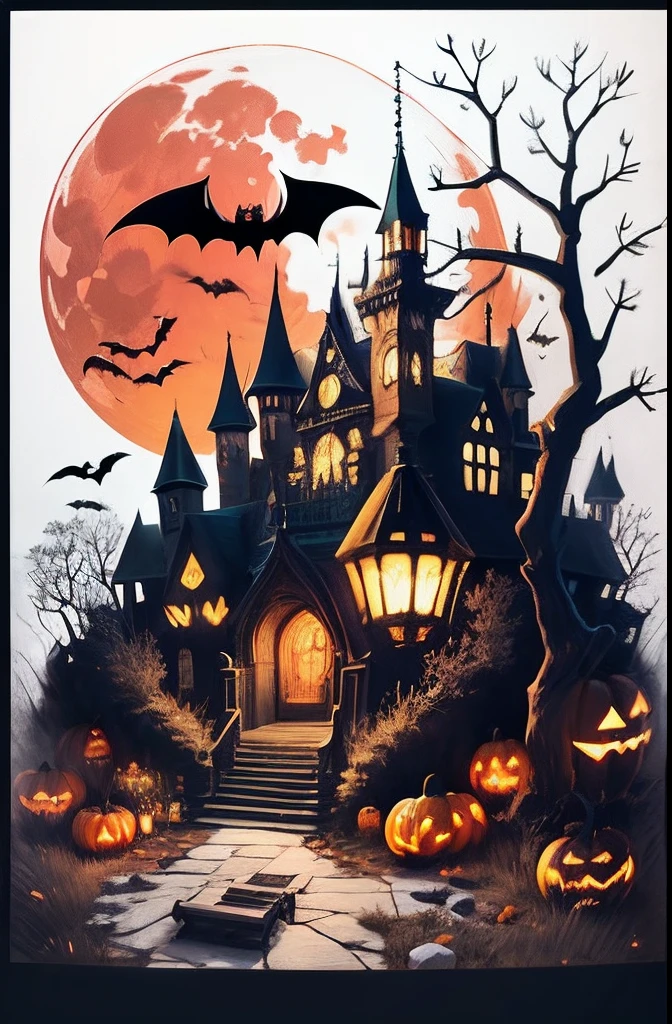 black and white, colouring book illustration style Halloween poster, pumpkins, bats, withered giant branches, red moon, ray tracing, stacked chests, castle black and White