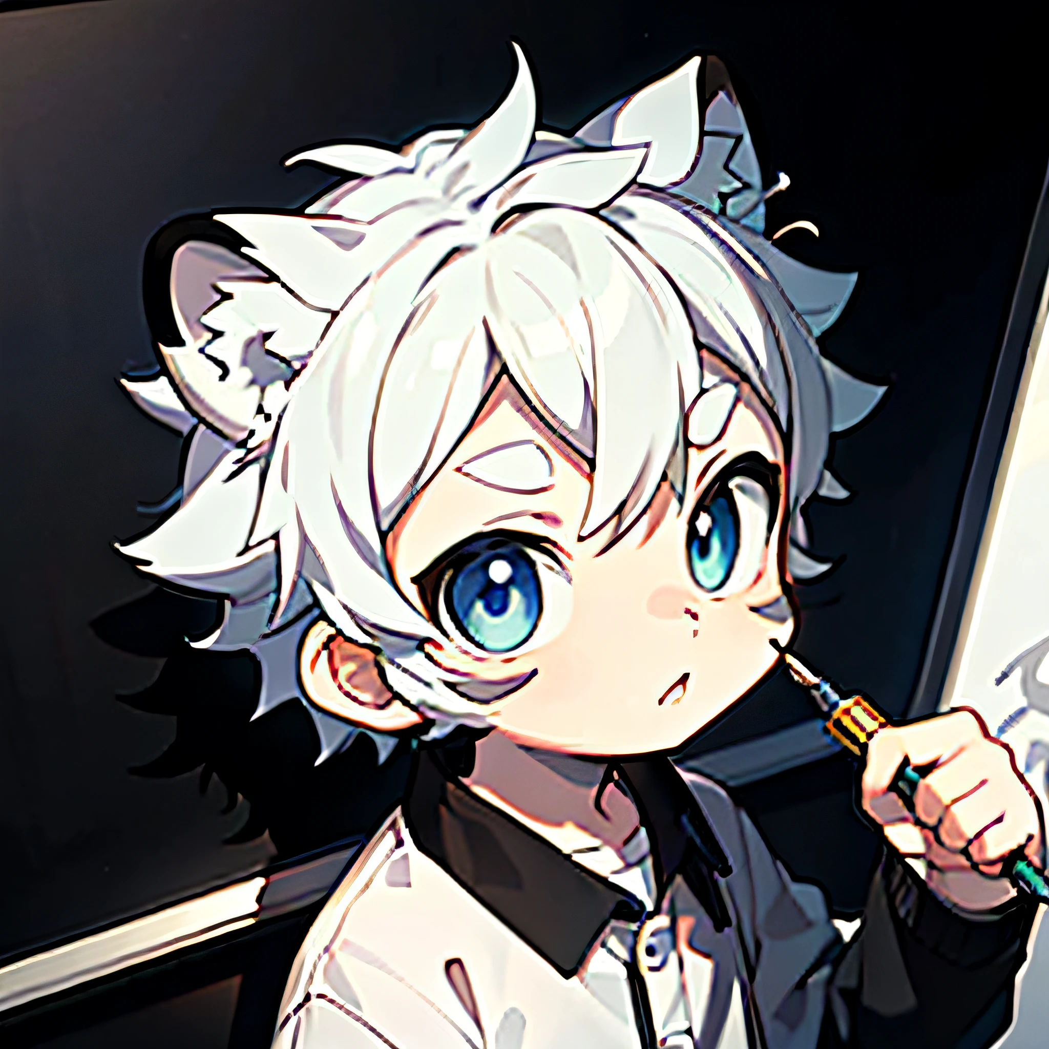 Masterpiece, Best quality, 1 baby boy, Tiny, Sticker,minimal background, Upper body, Anime style, Cartoon character whiteboard corner，White tiger，Boy，Black and white hair